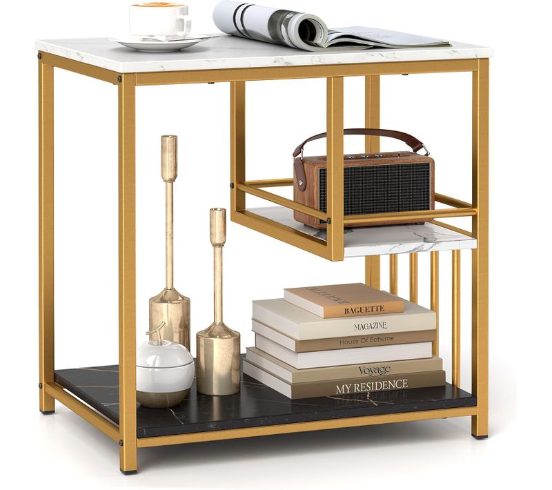Table D'appoint En Faux Marbre à 3 Niveaux Avec Etagères, Bout De Canapé Rectangulaire, Doré