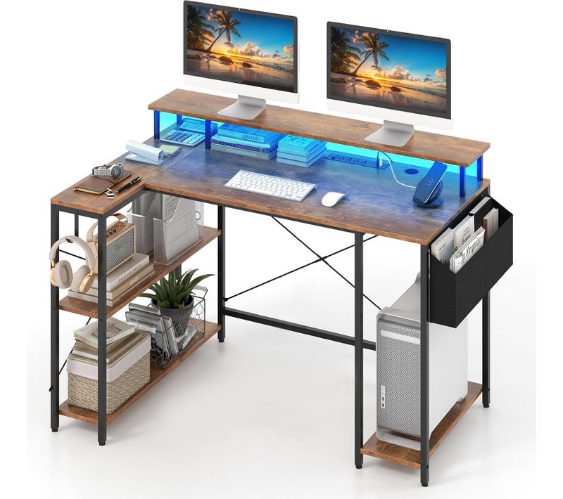 Bureau D'angle Ordinateur 120 Cm LED, Bureau Gaming Avec Ports USB (marron Rustique)