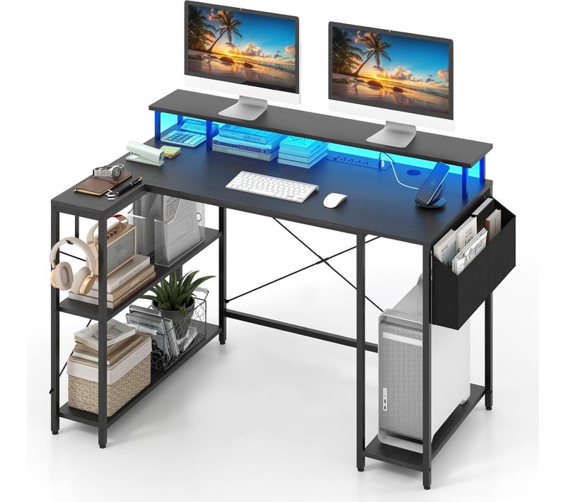 Bureau D'angle Ordinateur 120 Cm LED, Bureau Gaming Avec Ports USB Et Prise De Courant(noir)