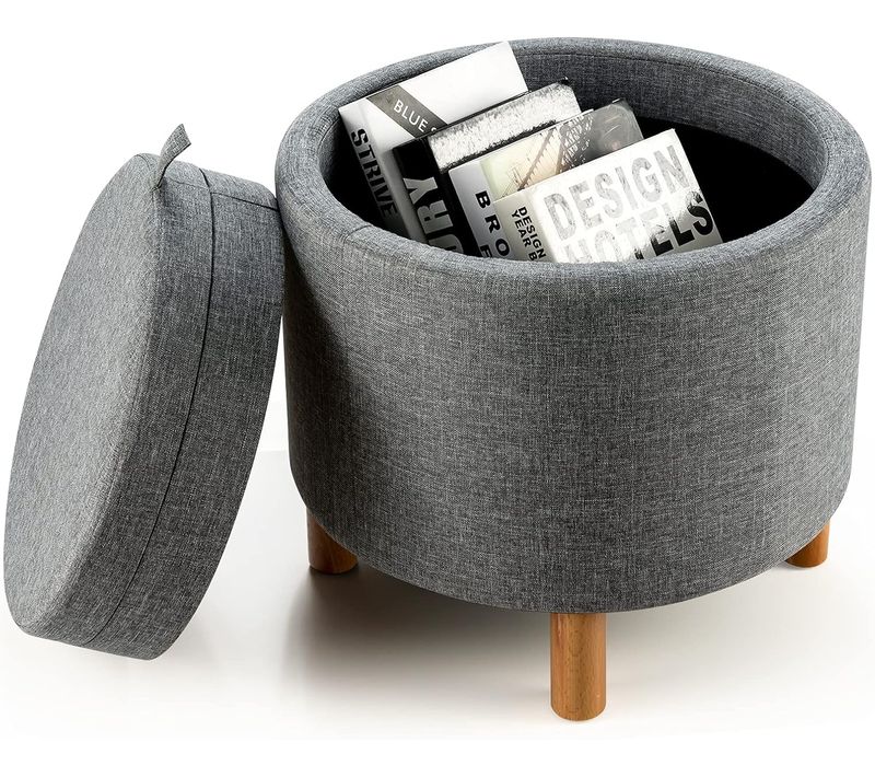 Pouf Rangement Rond, Pouf Coffre Avec Plateau, Repose-pied Salon, Tissu Pe 44 × 44 × 42 Cm (gris)