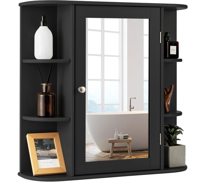 Armoire Murale De Salle De Bains Avec Miroir Avec Etagères Réglables Et Compartiments Ouverts(noir)