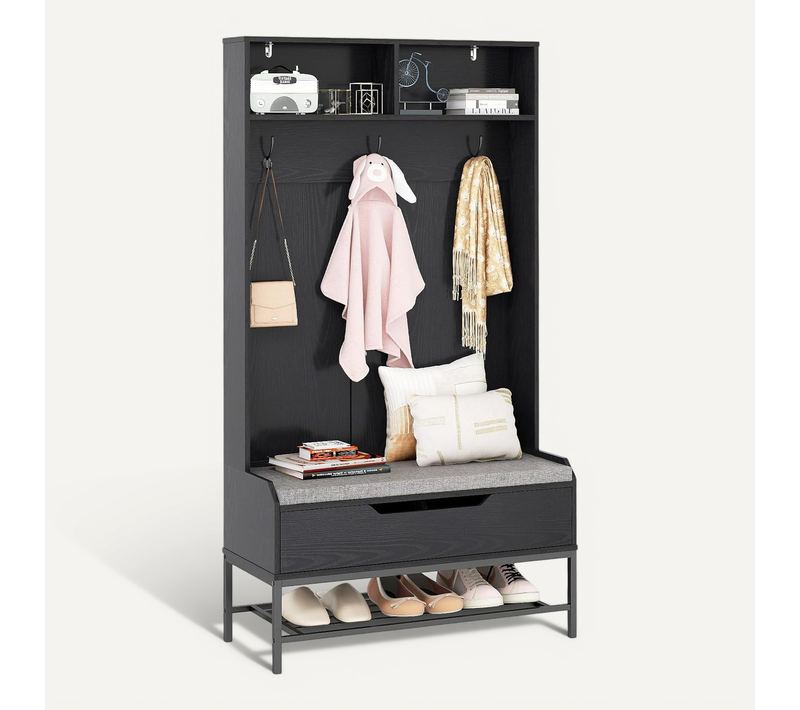 Porte Manteaux Avec Banc à Chaussures Rembourré, Meuble D'entrée 170 Cm, 3 Patères Double (noir)