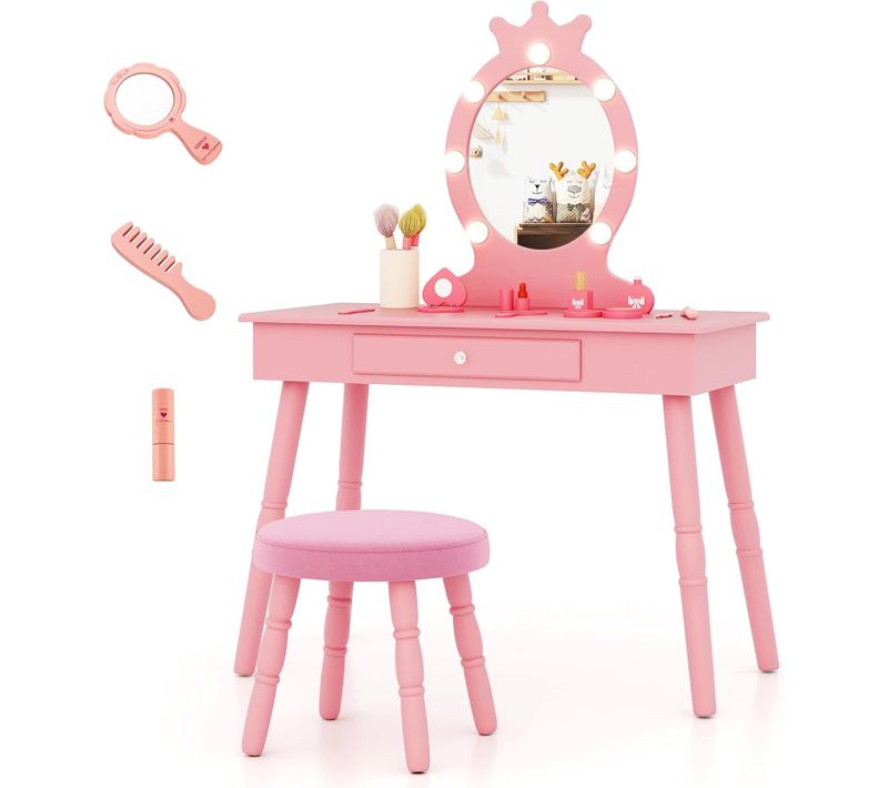 Coiffeuse Enfant Fille Avec Miroir Et Lumière LED à 3 Couleurs,Table De Maquillage Et Chaise,Rose