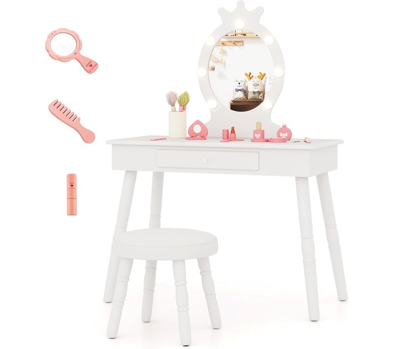 Coiffeuse Enfant Fille Avec Miroir Et Lumière LED à 3 Couleurs,Table De Maquillage Et Chaise,Blanc