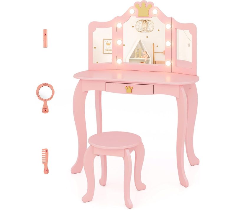 Coiffeuse Enfant Fille Avec Lumière LED à 3 Couleurs Et Miroir à Trois Volets, Charge 50/50kg