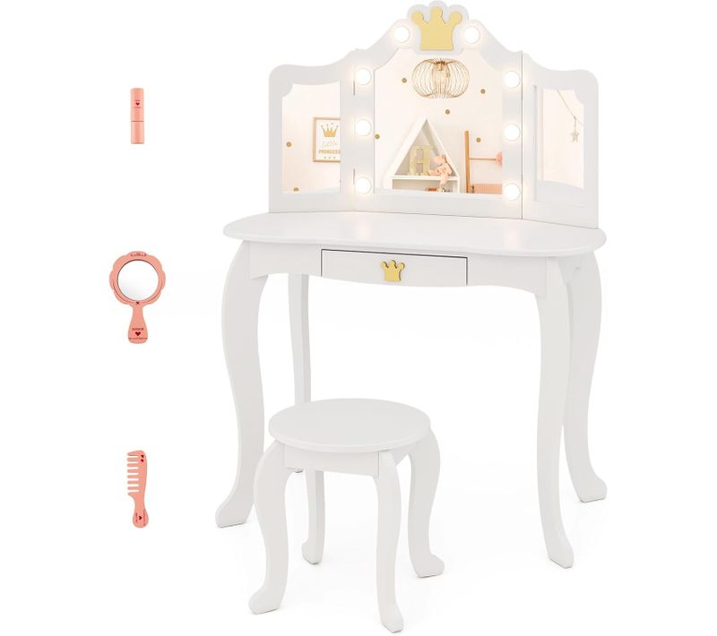 Coiffeuse Enfant Fille Avec Lumière LED à 3 Couleurs Et Miroir à Trois Volets, Charge 50kg