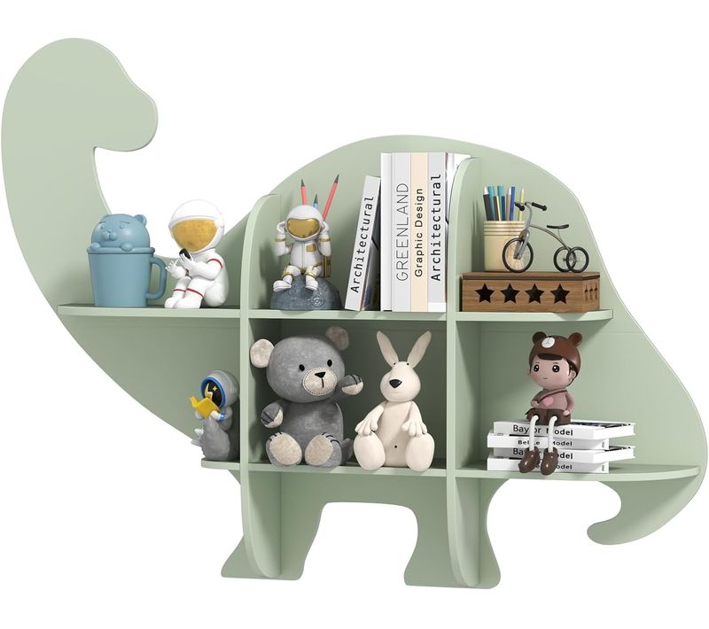Bibliothèque Enfant Murale à 2 Niveaux En Forme Dinosaure Avec 6 Étagères Ouvertes, Charge 20kg