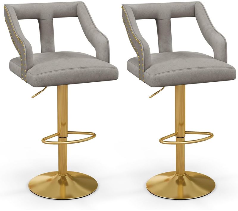 Tabourets De Bar Velours Lot De 2, Chaise De Bar Pivotants, Hauteur Assise Réglable 63-85 Cm(gris)