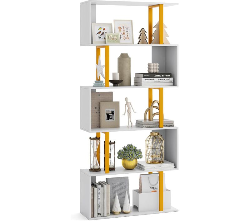 Bibliothèque En Forme De 's' à 5 Niveaux, Étagère Géométrique De 157 Cm, Cadre En Métal, Doré