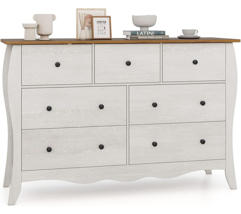 Commode Chambre 120 Cm, Commode 7 Tiroirs En Tissu Pliable, Design Incurvé, Plateau En Bois