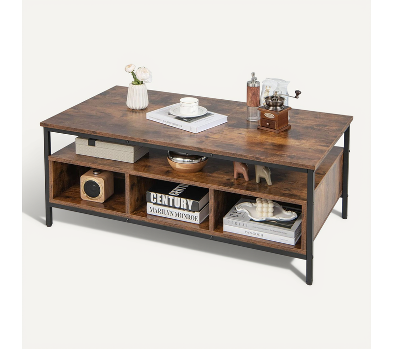 Table Basse, Table De Salon Industrielle Avec 6 Compartiments, Meuble TV Bois, 110 X 60 X 45 Cm