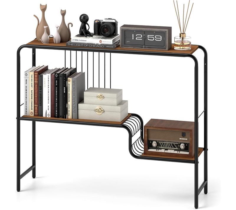 Table Console, Console Entree 2 Étagères, Bibliothèque En Métal, Design En Forme S, Pieds Réglables