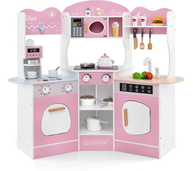 Cuisine Enfants En Bois Avec 18 Accessoires Et Machine à Café, Cuisine D’angle Enfants (rose)