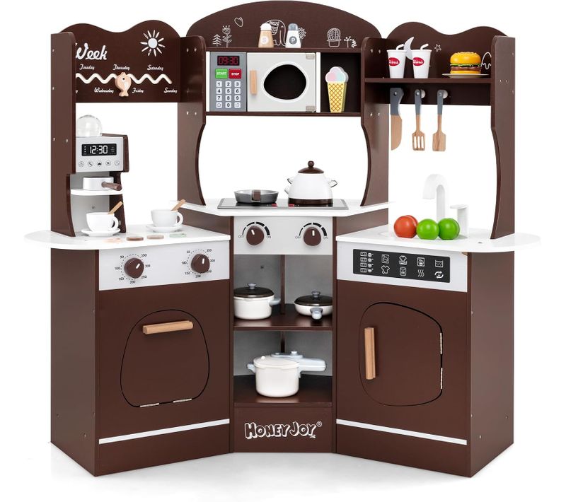 Cuisine Enfants En Bois Avec 18 Accessoires Et Machine à Café, Cuisine D’angle Enfants (marron)