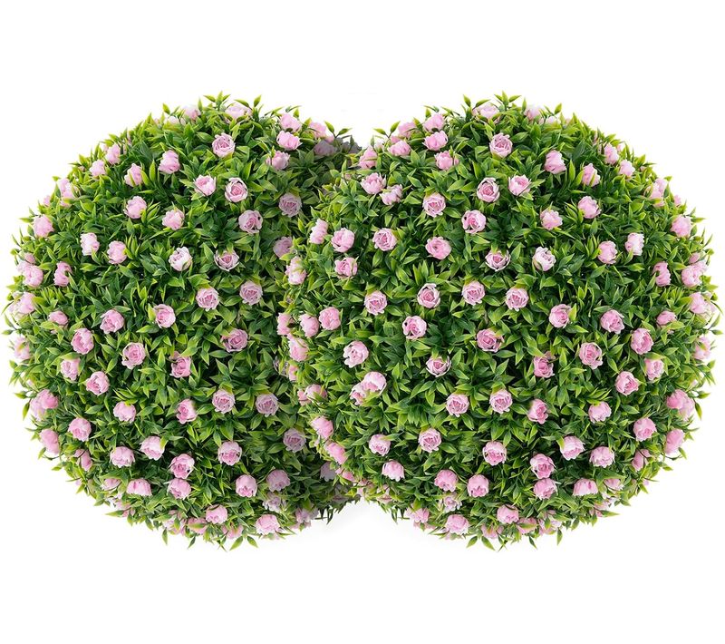 2 Boules Topiaires Artificielles 37 Cm Avec Des Fleurs Rose, Plantes De Faux En Boules
