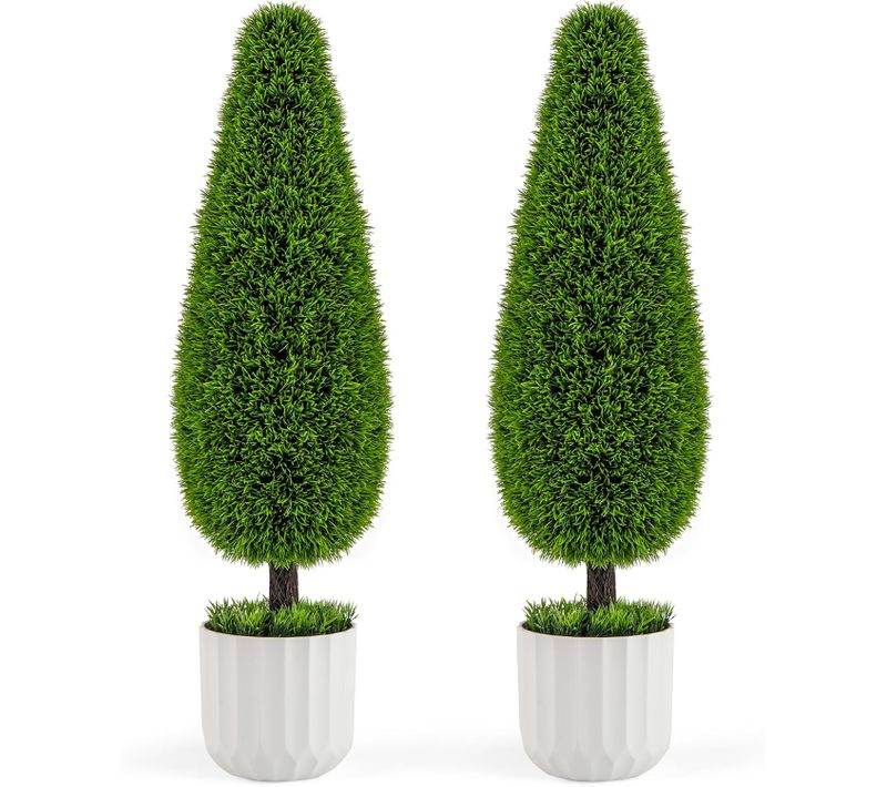 Lot De 2 Arbres Arbustes De Cèdre Artificiel 90 Cm En Forme De Larme, Fausse Plante Topiaire En Pot