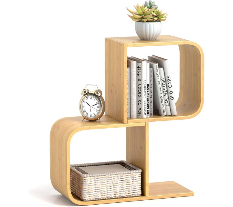 Bibliothèque En Forme De 's' à 2 Niveaux, Etagère En Bambou Avec 2 Cubes Ouverts, Naturel