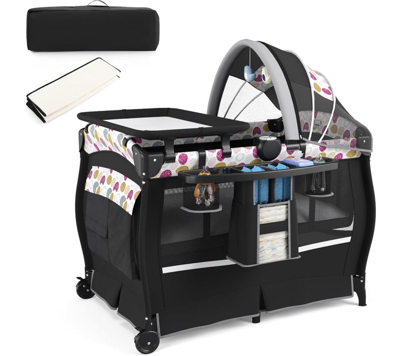 Lit Parapluie Bébé Avec Matelas Et Table à Langer Escamotable, Noir