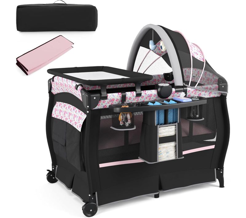 Lit Parapluie Bébé Avec Matelas Et Table à Langer Escamotable, Lit Bébé Évolutif (fleurs Roses,noir)