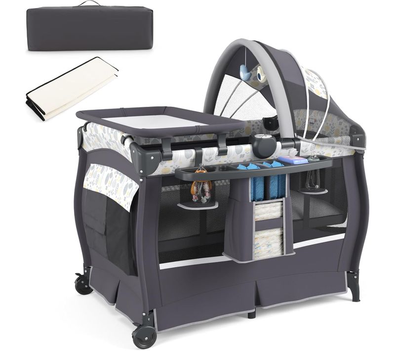 Lit Parapluie Bébé Avec Matelas Et Table à Langer Escamotable, Lit Bébé Évolutif (feuilles,gris)