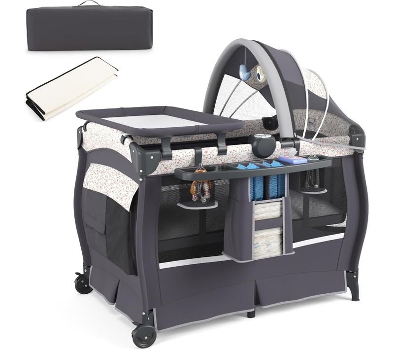 Lit Parapluie Bébé Avec Matelas Et Table à Langer Escamotable, Lit Bébé Évolutif (fleuron,gris)