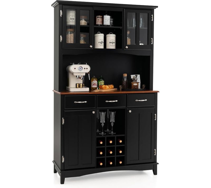Buffet Cuisine 185 Cm, Armoire Cuisine 3 Tiroirs Et 4 Placards à Porte, Support Pour Micro-onde Noir