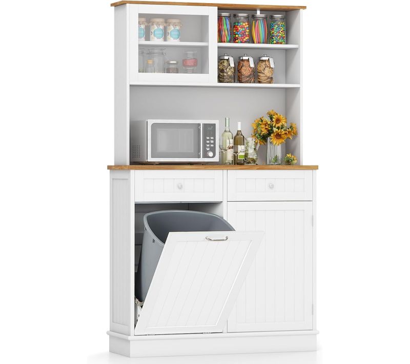 Buffet De Cuisine 2 Tiroirs, Meuble Cuisine Avec Plan De Travail En Caoutchouc, Placard De Poubelle