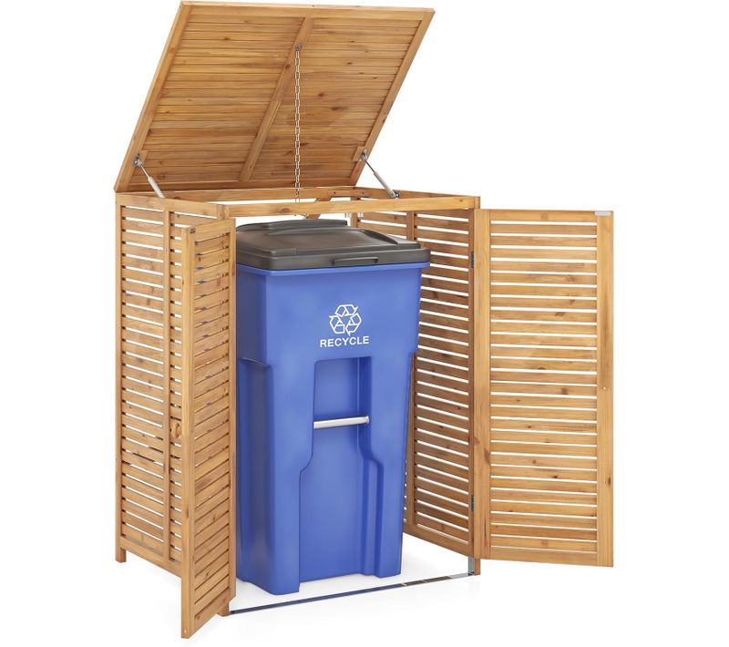 Cache Poubelle Exterieur 120 L, Abri Poubelle Exterieur Bois Avec Couvercle Relevable, Naturel
