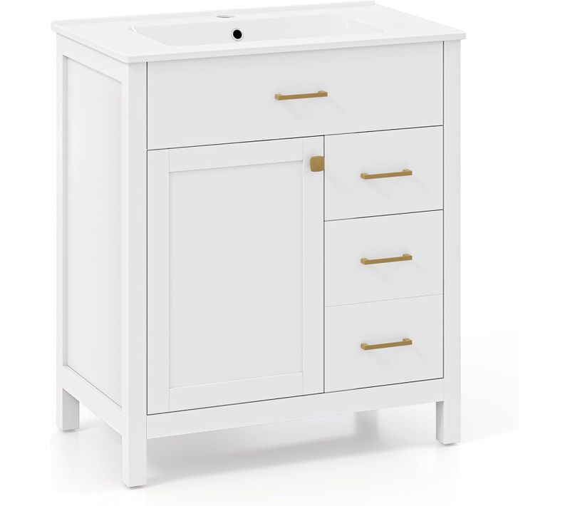 Meuble De Salle De Bain Avec Lavabo, 2 Tiroirs Latéraux Et Placard, 76 X 46,5 X 86 Cm, Blanc