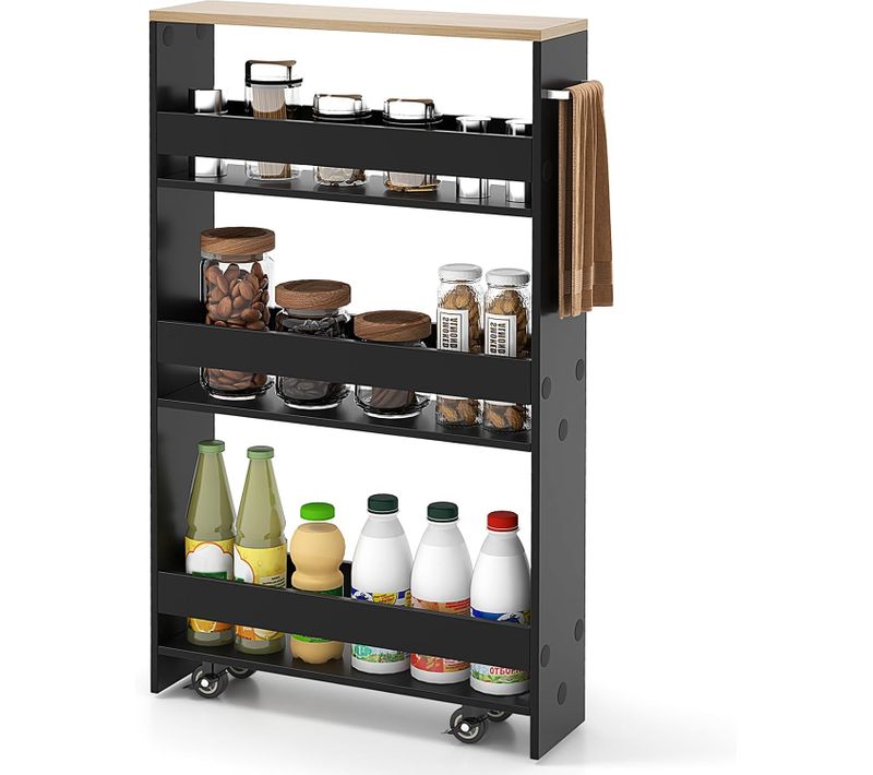 Chariot De Rangement 20 Cm à Roulettes, Desserte De Cuisine à 4 Niveaux (noir + Naturel)