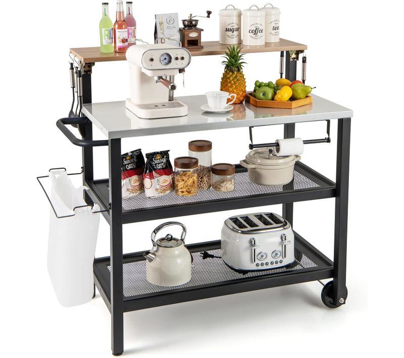 Desserte Extérieure à Roulettes Avec Table Rabattable, Chariot Service De Cuisine à 3 Étagères