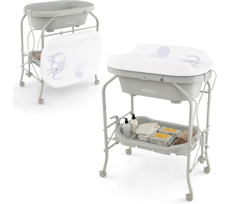 Table à Langer 2 En 1 Avec Baignoire 20l Plateau De Rangement, Commode à Langer Pliable, Gris Clair