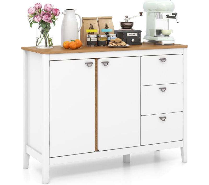 Buffet Cuisine Bois, Armoire Commode 3 Tiroirs, Grand Placard 2 Portes, Étagère Réglable