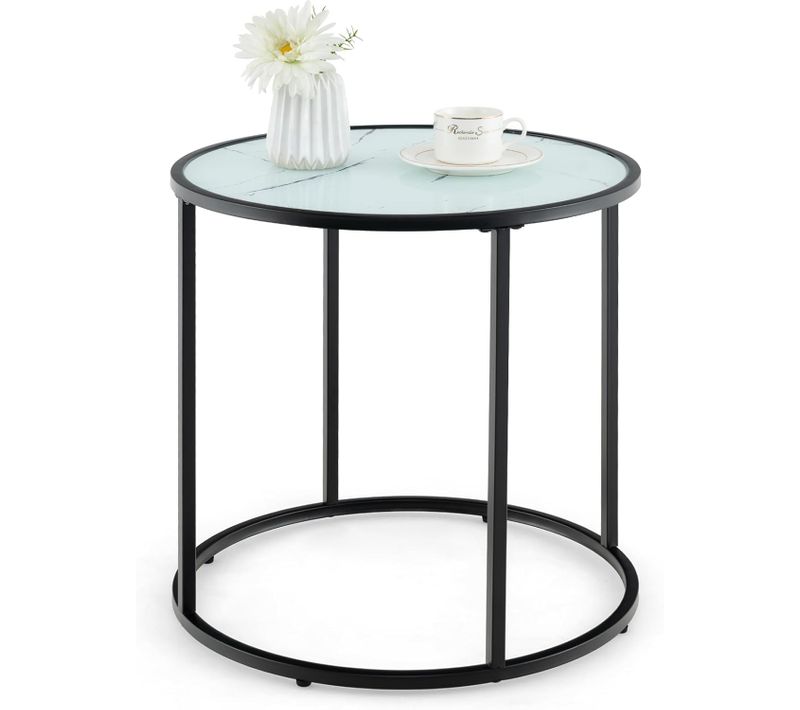 Table D’appoint Ronde En Verre Dia.50 Cm, Bout De Canapé Marbre, Cadre En Métal, Plateau En Verre