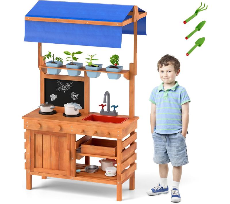 Cuisine Extérieure Enfant Avec Tableau Noir Et 4 Tasses De Plantation Et 3 Outils, Cuisine De Boue