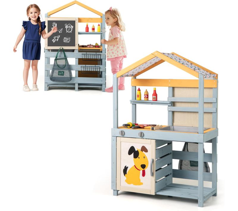 Cuisine Enfant Double Face Avec Tableau Noir Et 12 Accessoires, Jeu De Cuisine Extérieure Enfant