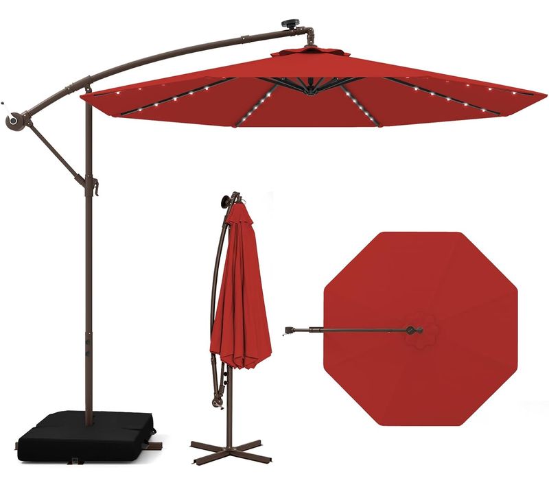 Parasol Déporté 3 X 3m, Grand Parasol De Jardin Extérieur Lumineux Solaire (rouge)