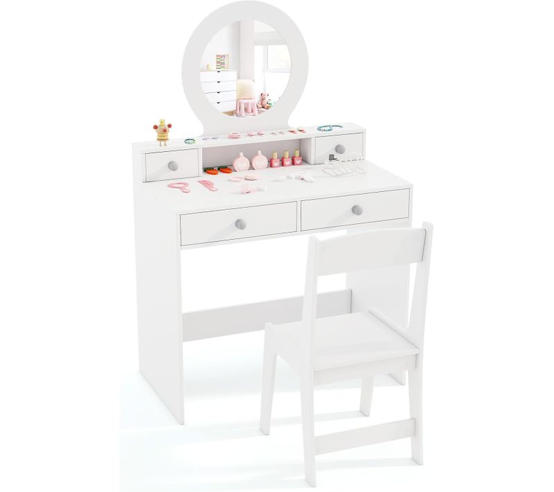 Coiffeuse Enfant Fille Avec Tabouret Et Miroir, Table De Maquillage Enfant Princesse, Charge 50/75kg