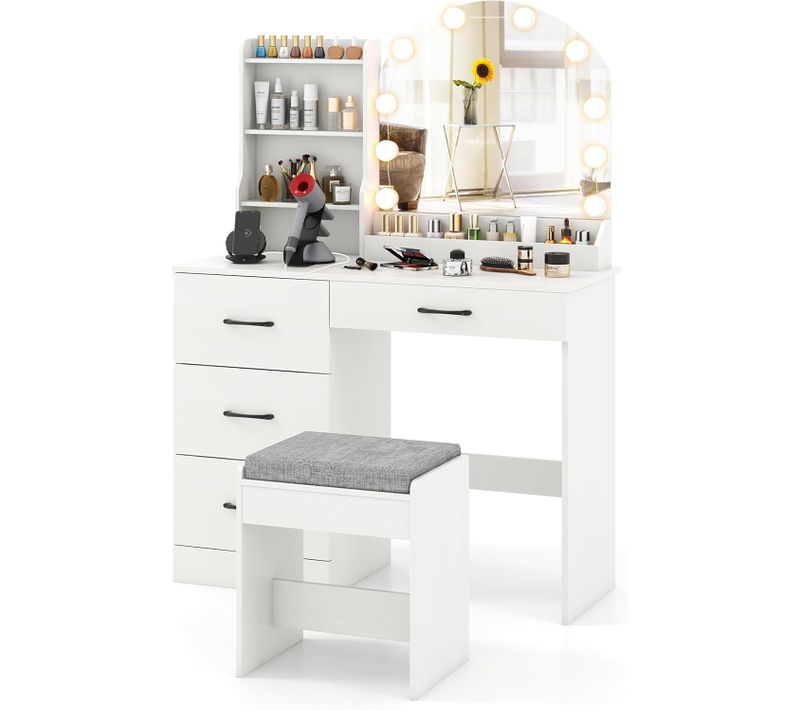Coiffeuse Avec Tabouret Et Grand Miroir LED à Luminosité Réglable 3 Couleurs, Blanc
