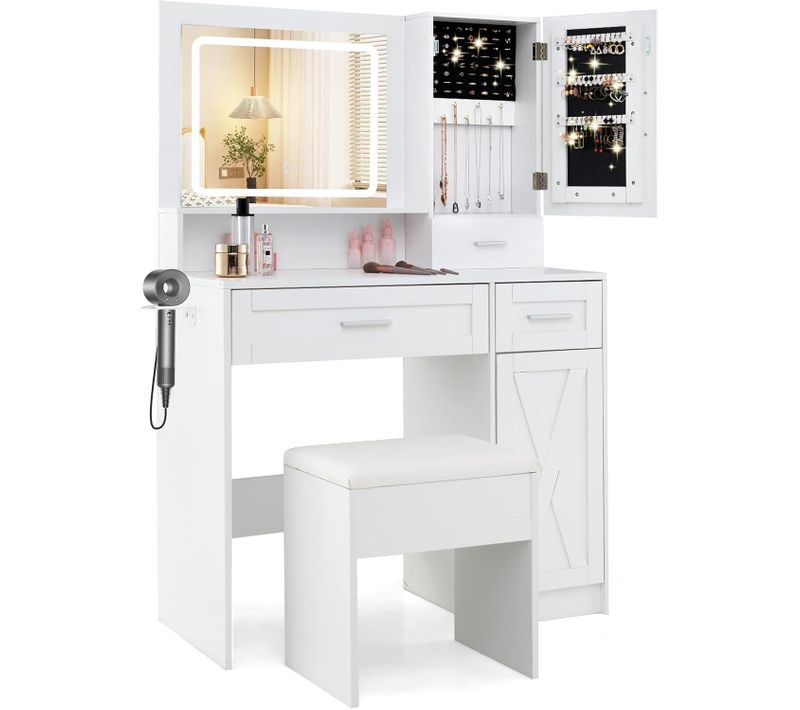 Coiffeuse Avec Miroir Et Tabouret, Coiffeuse Avec Rangement, 3 Couleurs, Luminosité Réglable, Blanc