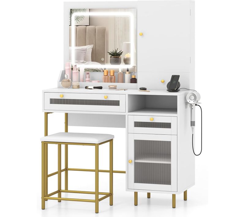 Coiffeuse Avec Miroir Et Tabouret,Coiffeuse Avec Rangement,Luminosité Réglable, Blanc+Or