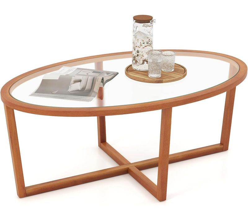 Table Basse En Verre Trempé, Table Basse Bois Ovale, Pieds Croisée En Bois D'acacia, Brun