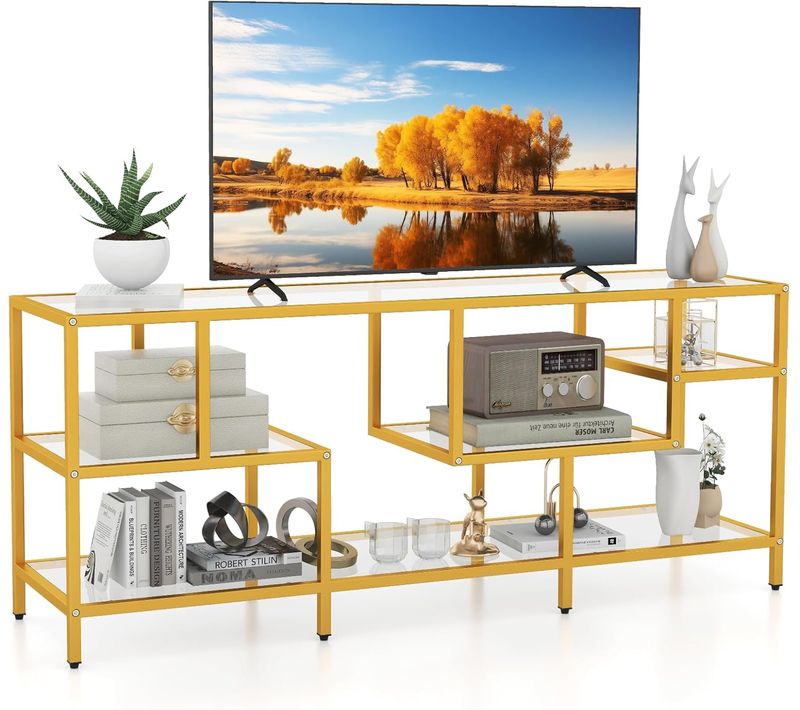 Meuble TV Verre, Meuble Télé Pour 65 Pouces, Table Console Avec 4 Etagères, Grand Plateau, Doré