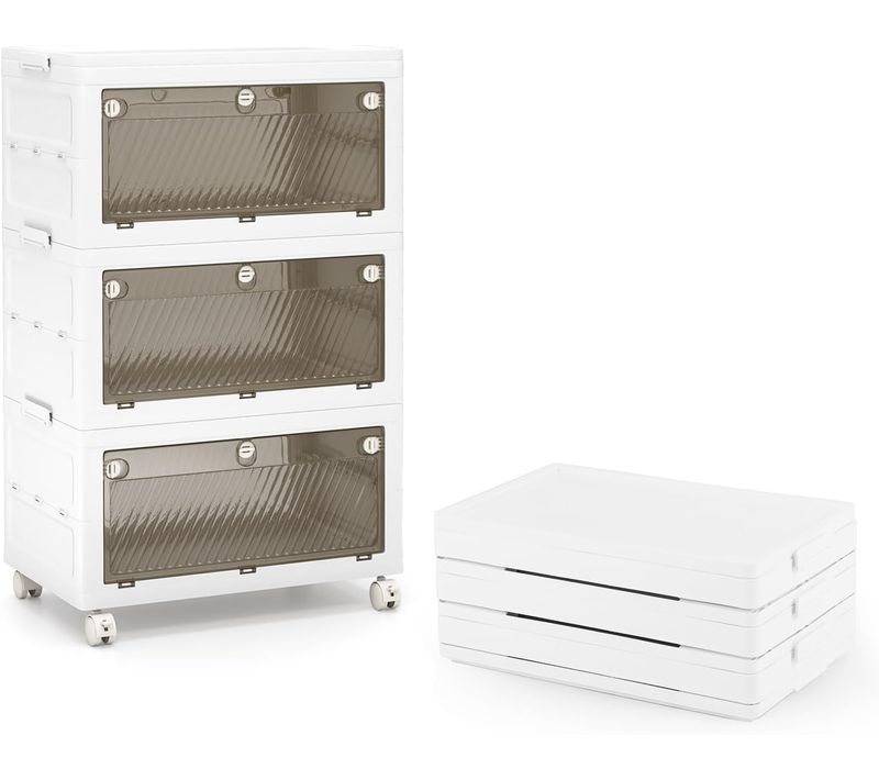 Boîte Rangement Plastique 126 L, 3 Caisses De Rangement Empilables Avec Couvercles, Roulettes