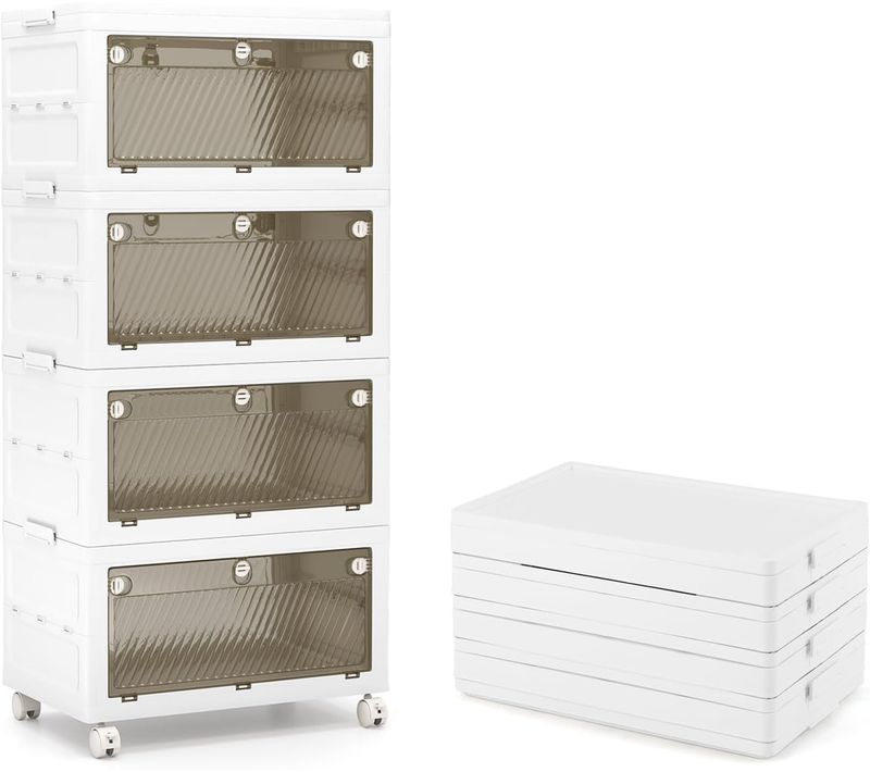 Boîte Rangement Plastique 168 L, 4 Caisses De Rangement Empilables Avec Couvercles, Roulettes