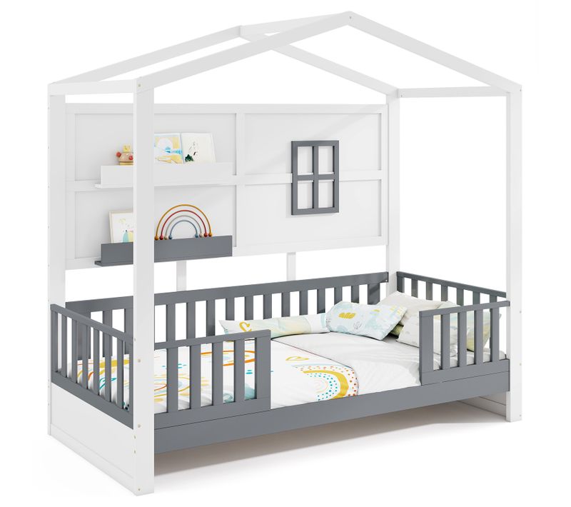 Lit Cabane Enfant 90 X 200 Cm, Lit D'enfants Avec Fenêtre 2 Etagères Et Garde-corps, Blanc Et Gris