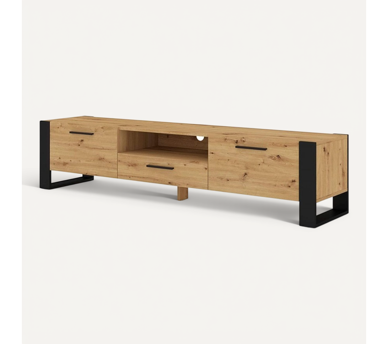 Buffet Meuble TV Nuka 200 Cm Meuble Hi-fi Chêne Artisan Jambes Noires Et Poignées