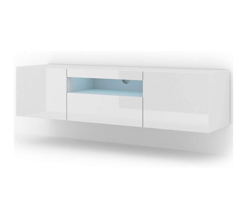 Aura Meuble TV Bas Universel 150 Cm à Suspendre Ou à Poser Armoire Hi-fi Avec LED Blanc Brillant