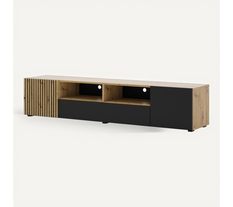 Buffet Meuble TV Noir/chêne Artisan 200x42x42cm Auris Meuble Hi-fi Sur Pied