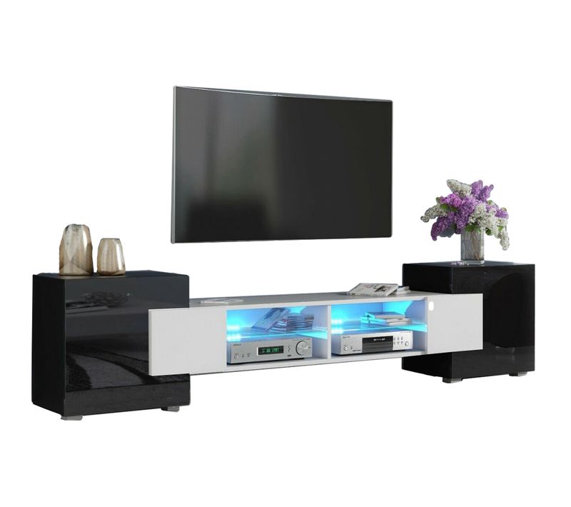 Meuble TV Pablo 230 Cm Avec LED Blanc Mat Et Noir Laqué